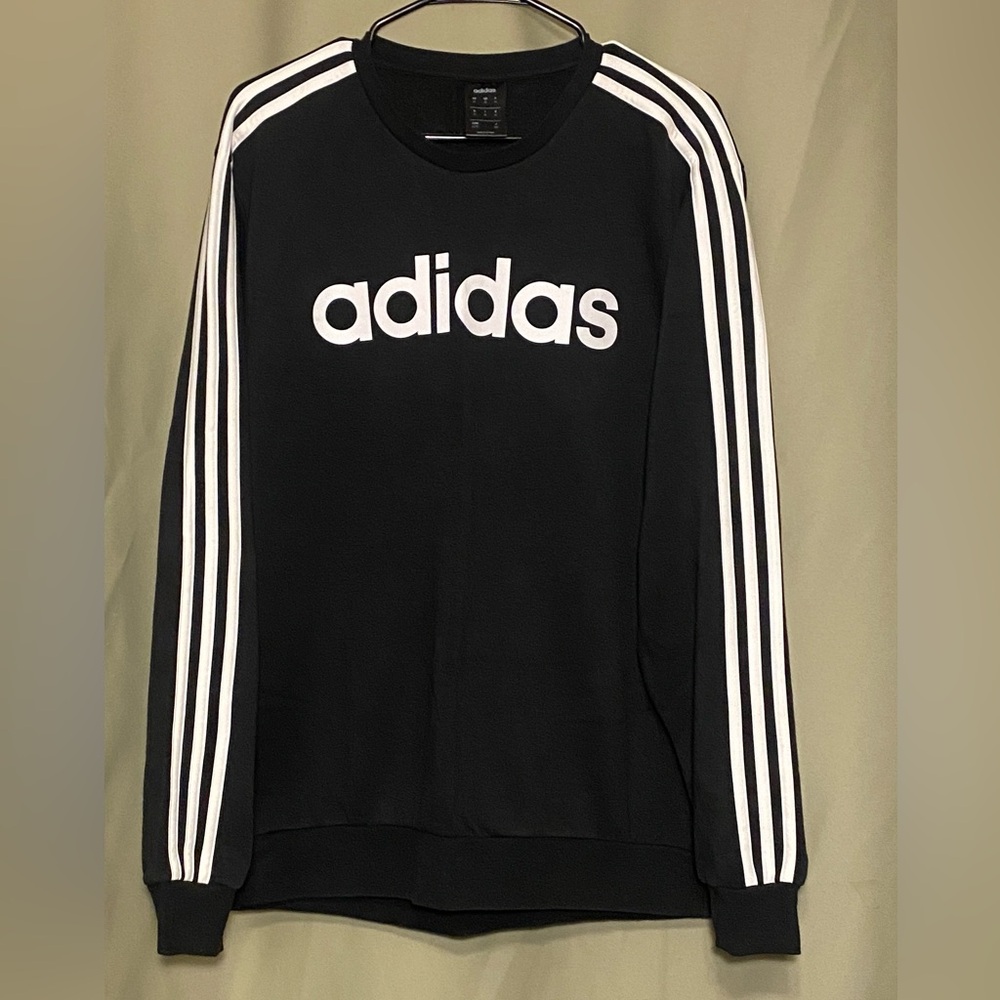 Adidas DQ3084 Men’s Athletic Essential 3 Stripe Fleece LS Black /White Mens XL